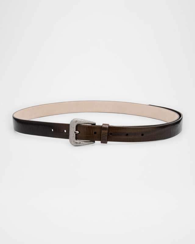 Lizard-Effect Leather Buckle Western Belt